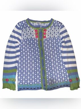 MISSLOOK Blue & White Patterned Knit Cardigan with Green Trim and Pink Accents